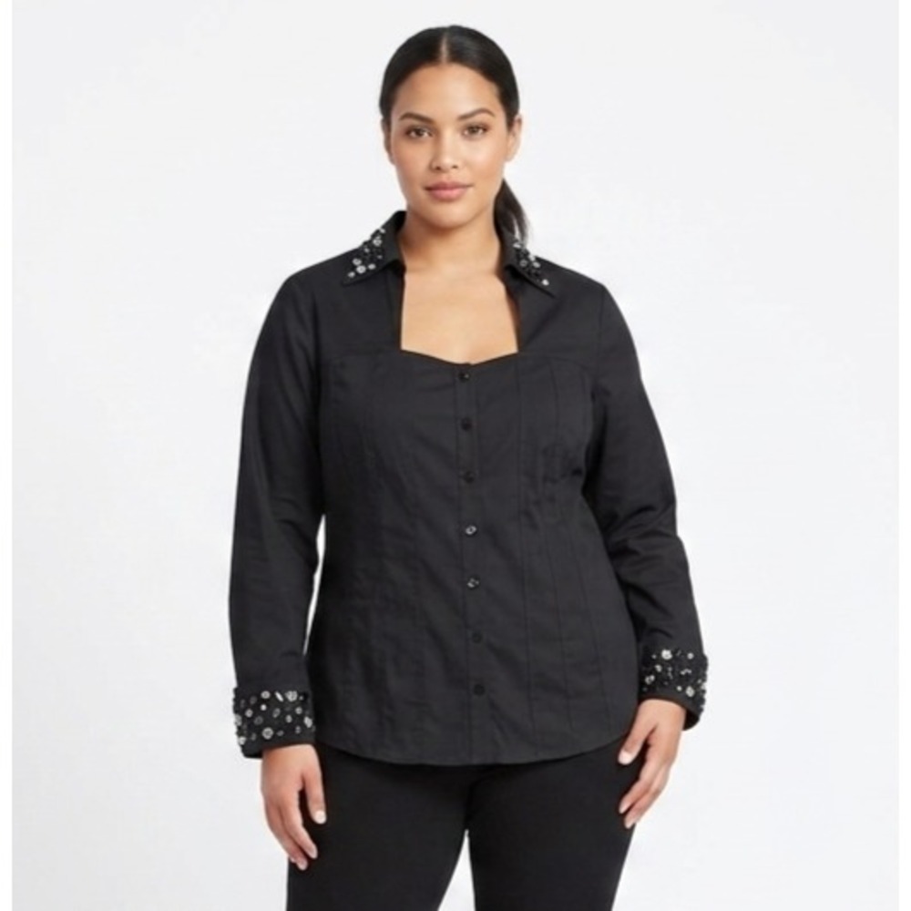 Lane Bryant Button-Down Shirt Womens 18/20 Black Stretch Rhinestone Embellished